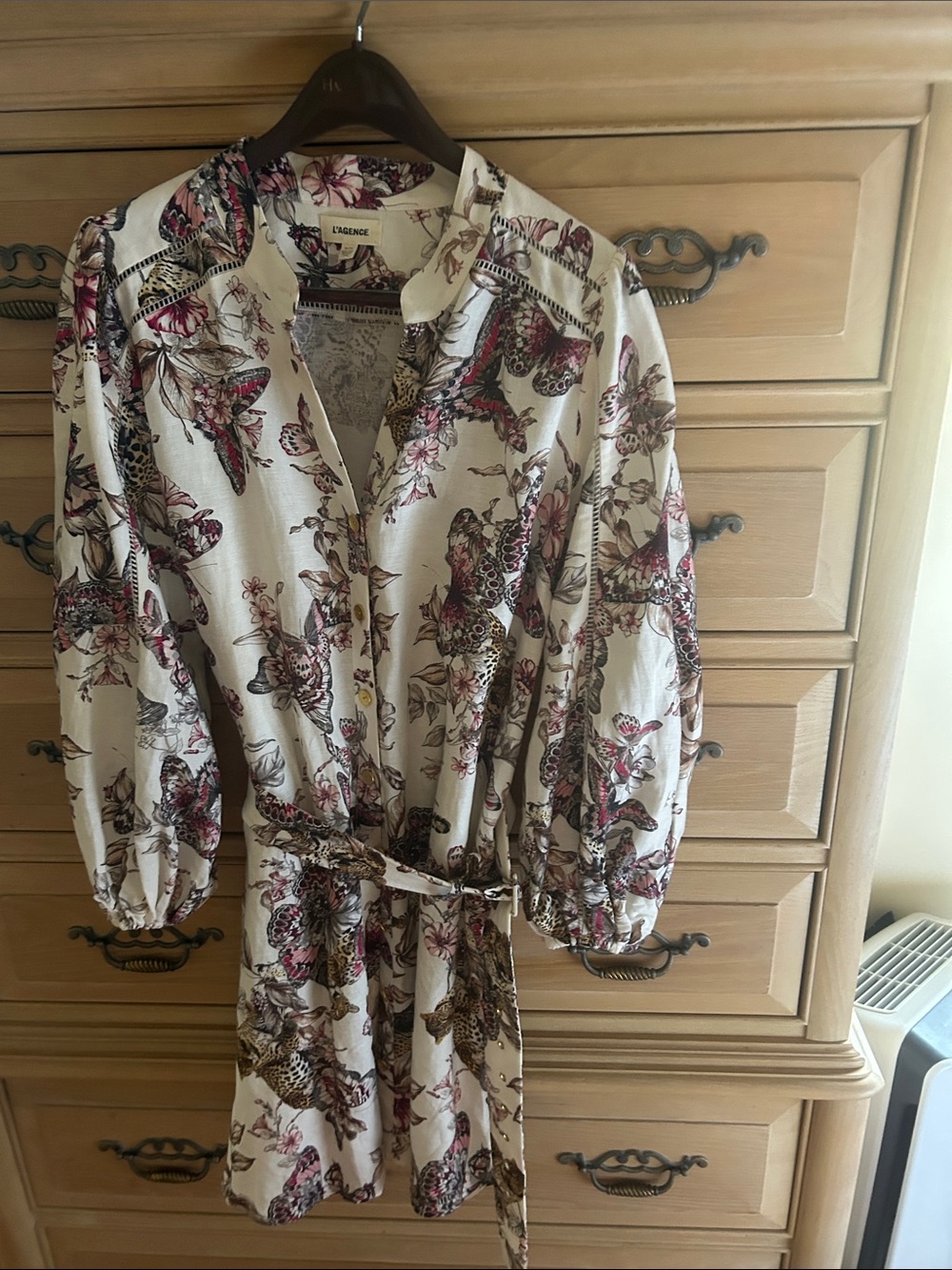 L'AGENCE Ivory Floral & Butterfly Long Sleeve Dress